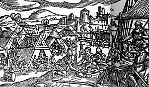 A Sixteenth-century soldier's camp, from Holinshed's Chronicles, 1577